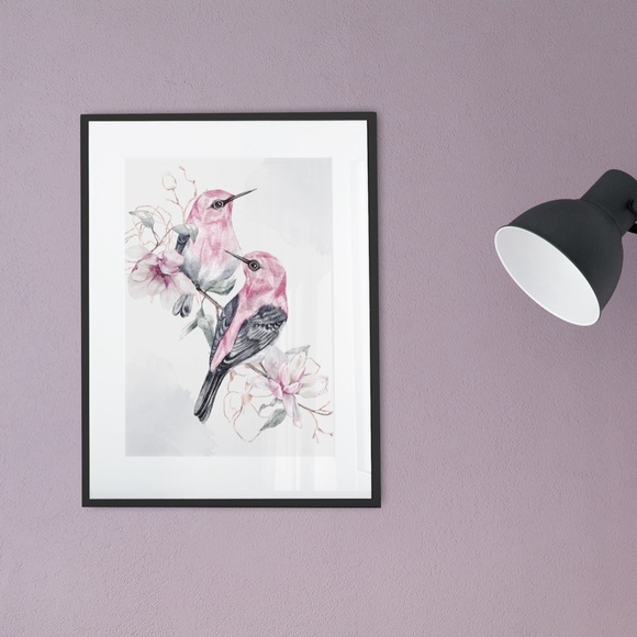 Watercolor Wall Art Cute Pink Birds Print Unframed - Picture 4 of 6